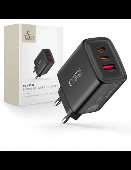 Tech-Protect NCA65W-GAN USB-A, 2xUSB-C hálózati töltő PD 65W / QC3.0, Fekete