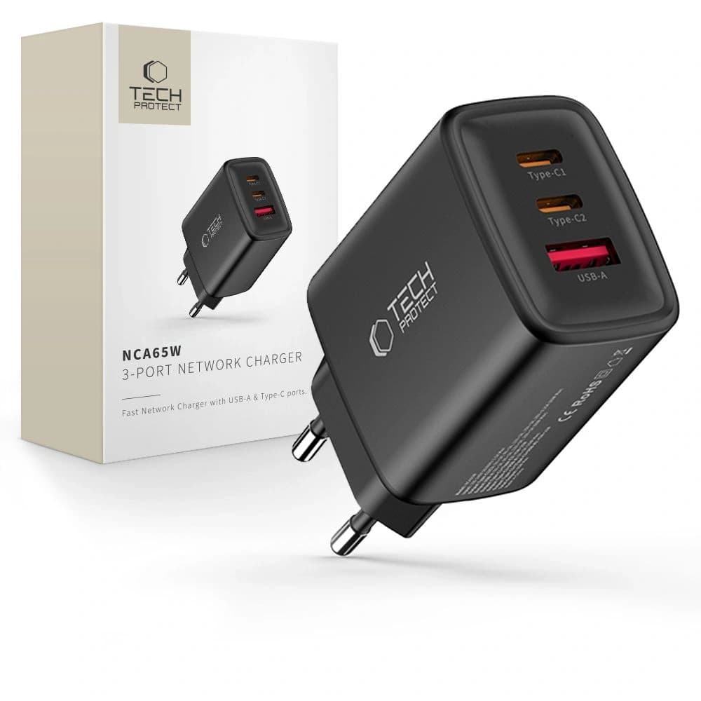 Tech-Protect NCA65W-GAN USB-A, 2xUSB-C hálózati töltő PD 65W / QC3.0, Fekete - 1
