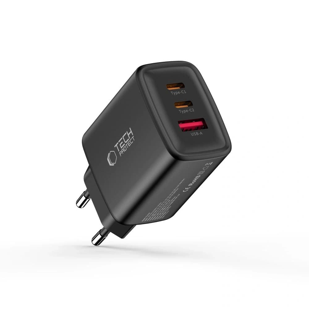 Tech-Protect NCA65W-GAN USB-A, 2xUSB-C hálózati töltő PD 65W / QC3.0, Fekete - 2