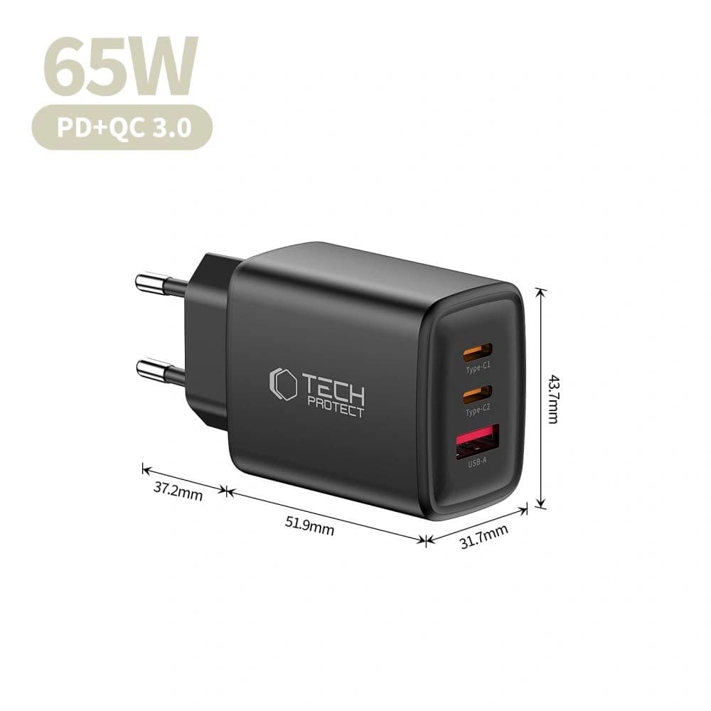 Tech-Protect NCA65W-GAN USB-A, 2xUSB-C hálózati töltő PD 65W / QC3.0, Fekete - 6
