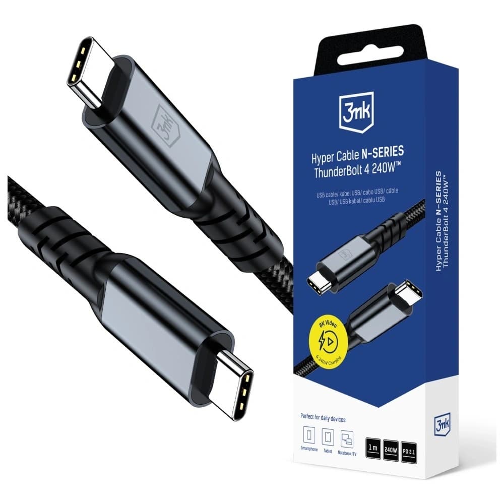 3MK Hyper Kábel N-SORO USB-C Thunderbolt 4 1m 48V/5A 40Gb/s 240W 8K60Hz fekete
 - 1