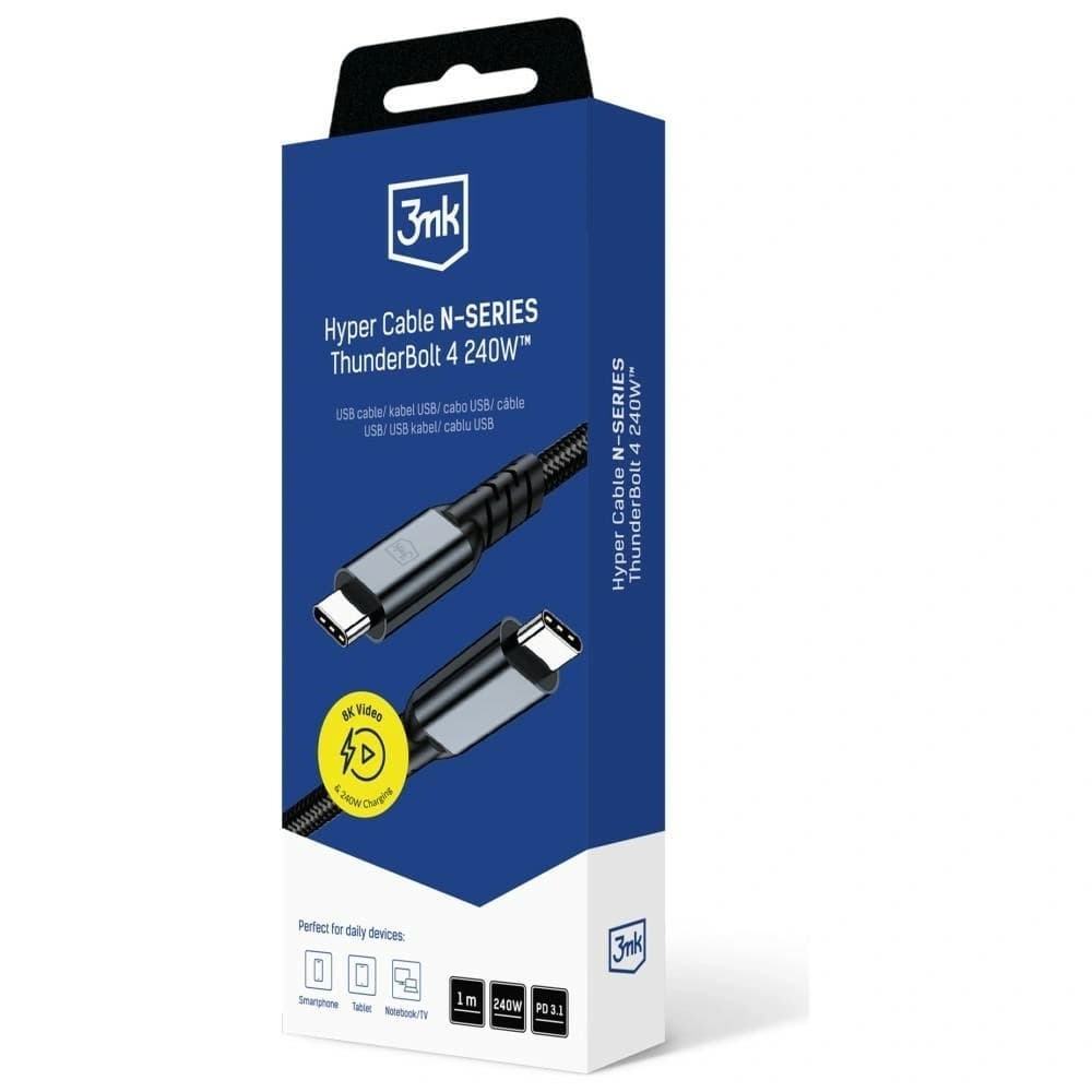 3MK Hyper Kábel N-SORO USB-C Thunderbolt 4 1m 48V/5A 40Gb/s 240W 8K60Hz fekete
 - 8