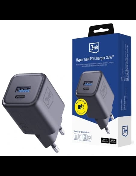 Încărcător 3MK Hyper PD 33W GaN QC4+ PPS AFC FCP SCP USB-A + USB-C negru pentru perete
