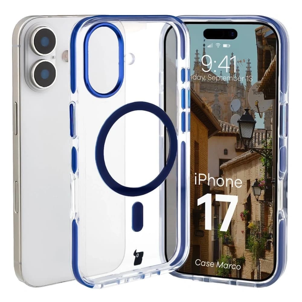 Bizon Case Marco Magnetic Apple iPhone 17 clear with a blue frame - 1