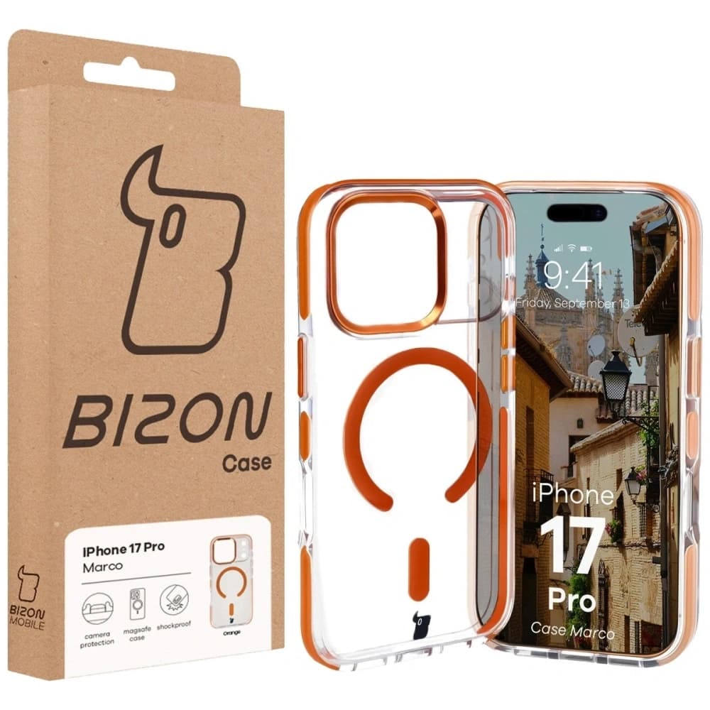 Bizon Case Marco Magnetic Apple iPhone 17 Pro klar mit einem orangefarbenen Rahmen
 - 10