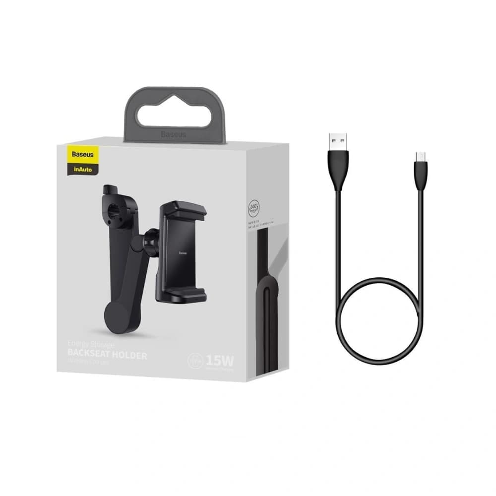 Uchytník na hlavovou opěrku do auta na telefon Baseus Energy s nabíječkou (Černý) - 7