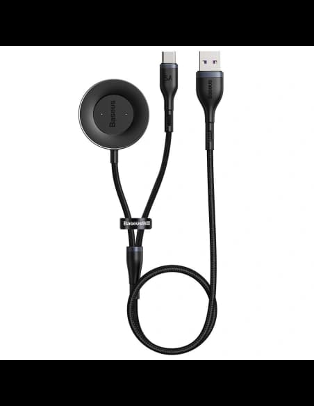 Cablu USB 2w1 Baseus Cafule, USB-C 40W + încărcător wireless pentru smartwatch-uri Huawei/Honor, 5A, 1,2m (gri-negru)