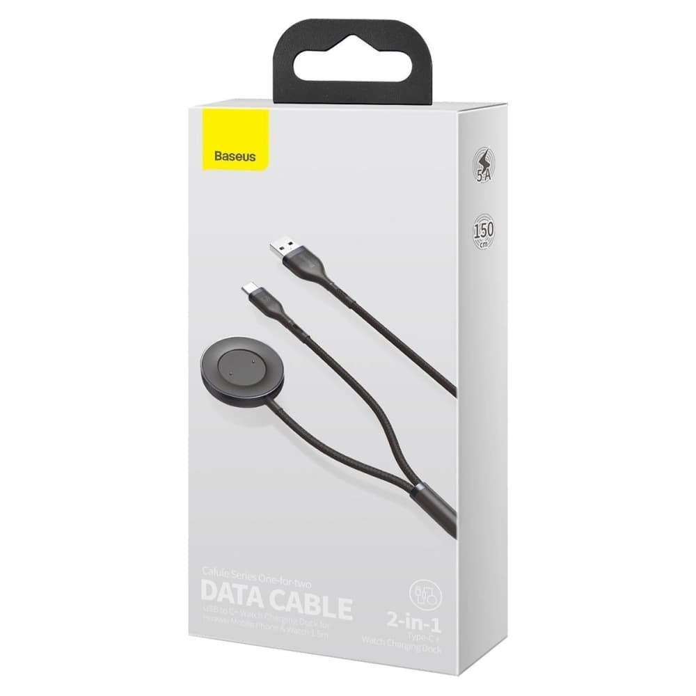 Cablu USB 2w1 Baseus Cafule, USB-C 40W + încărcător wireless pentru smartwatch-uri Huawei/Honor, 5A, 1,2m (gri-negru) - 6