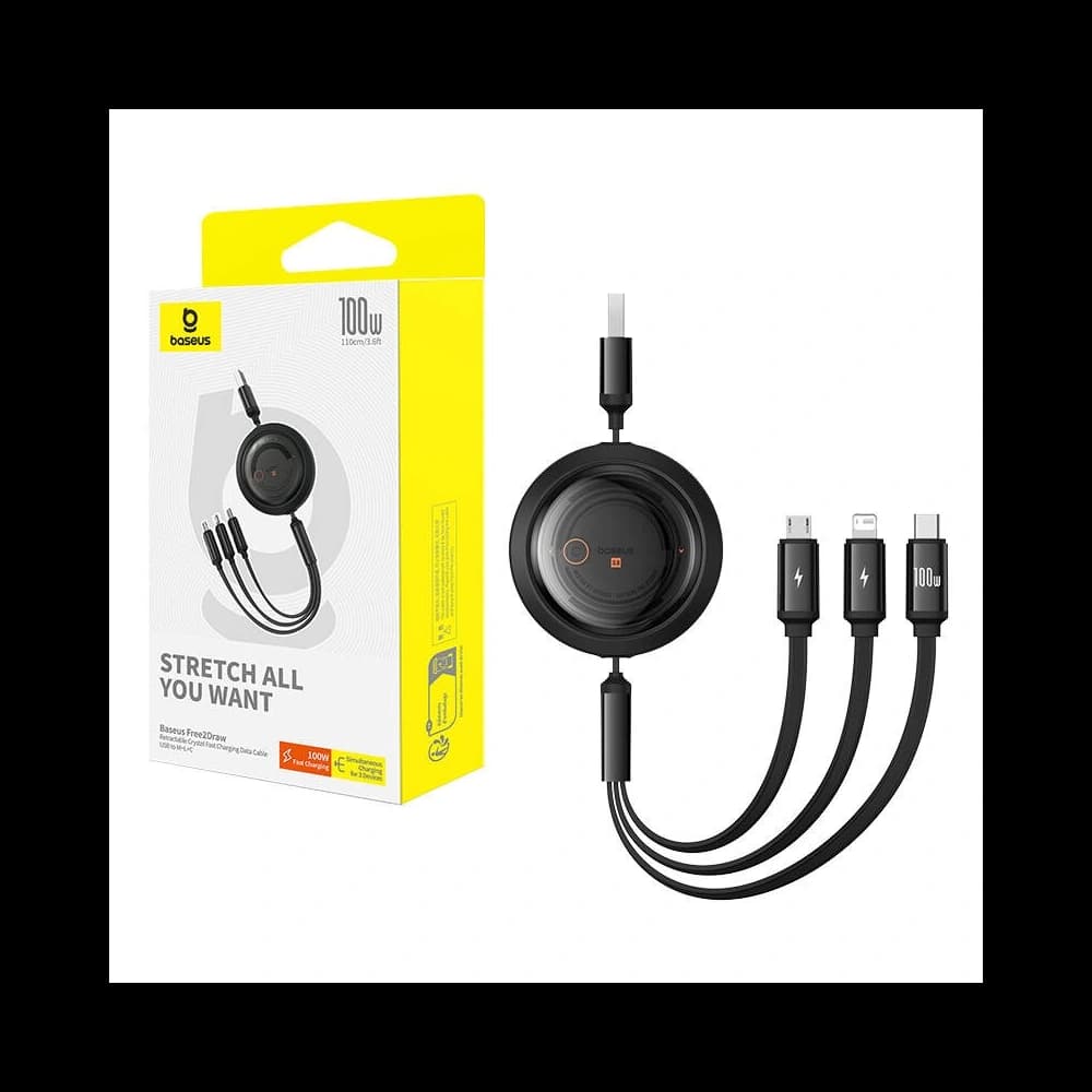 Kábel 3w1 Baseus Free2Draw USB/A / microUSB, Lightning, USB-C, 100W, 1.1 m (fekete) - 8