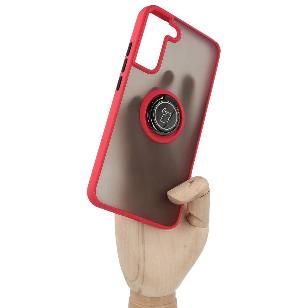 Etui z uchwytem na palec Bizon Case Hybrid Ring do Galaxy S22 Plus, przydymione z czerwoną ramką - 1