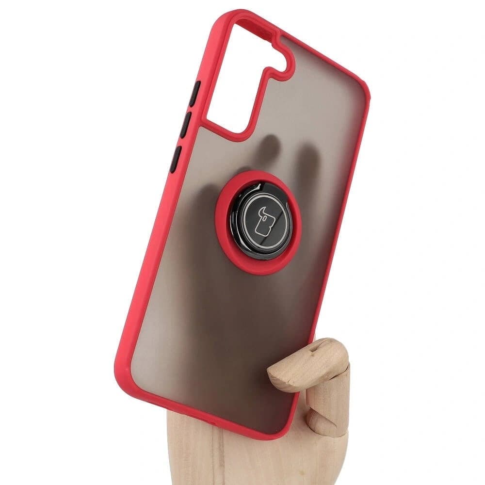 Etui z uchwytem na palec Bizon Case Hybrid Ring do Galaxy S22 Plus, przydymione z czerwoną ramką - 6