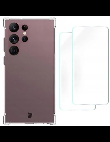 Bizon Case Clear Pack carcasă + 2x film pentru ecran + protector pentru obiectiv Samsung Galaxy S23 Ultra transparent