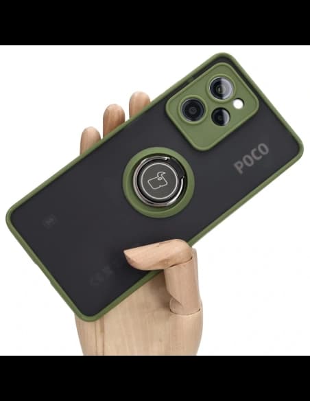 Etui s úchopem na prst Bizon Case Hybrid Ring do Xiaomi Poco X5 Pro kouřové se zeleným rámečkem