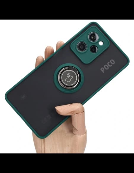 Etui s úchytem na prst Bizon Case Hybrid Ring do Xiaomi Poco X5 Pro kouřové s tmavě zeleným rámečkem