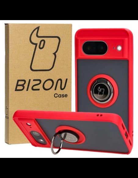 Etui z uchwytem na palec Bizon Case Hybrid Ring do Google Pixel 8 przydymione z czerwoną ramką