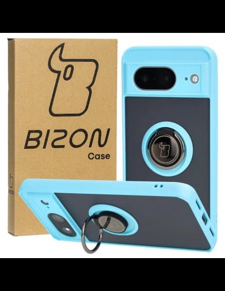 Etui z uchwytem na palec Bizon Case Hybrid Ring do Google Pixel 8 przydymione z jasnoniebieską ramką