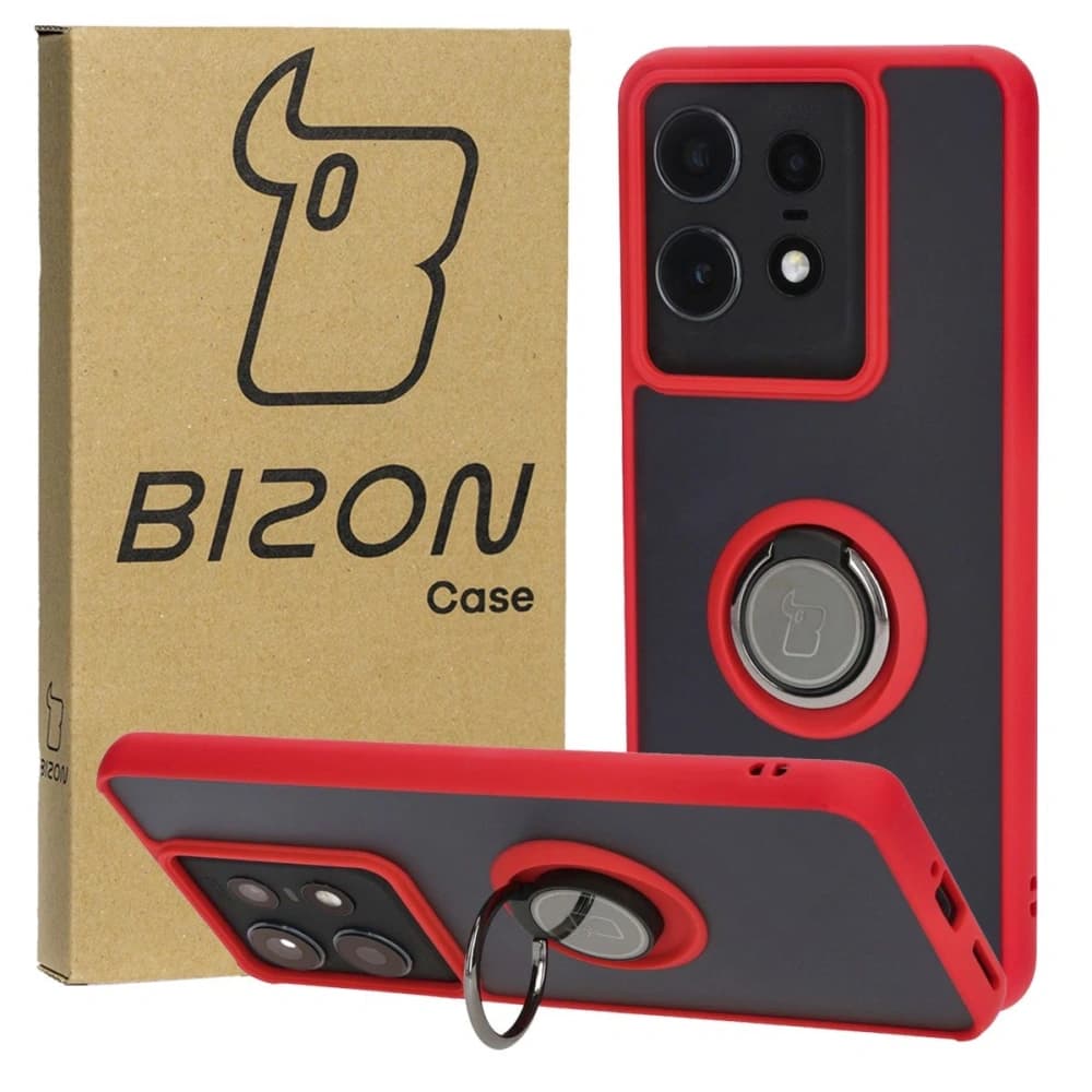 Pouzdro s úchopem na prst Bizon Case Hybrid Ring pro Motorola Edge 50 Pro kouřové s červeným rámem. - 1