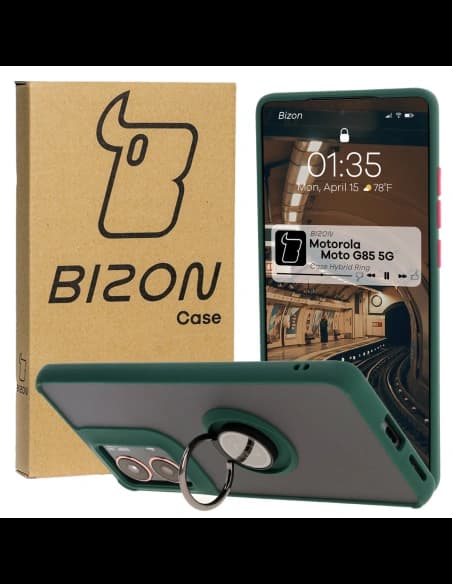 Etui z uchwytem na palec Bizon Case Hybrid Ring do Motorola Moto G85 5G przydymione z ciemnozieloną ramką