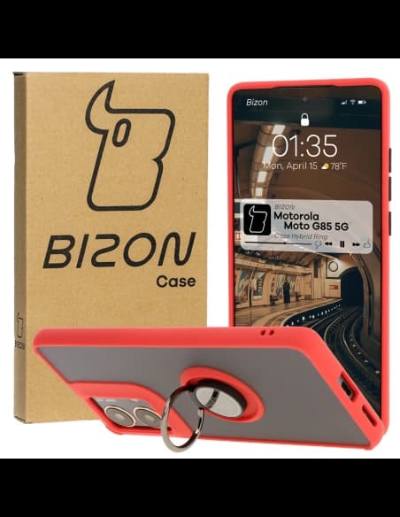 Etui z uchwytem na palec Bizon Case Hybrid Ring do Motorola Moto G85 5G przydymione z czerwoną ramką