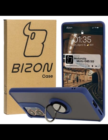 Etui z uchwytem na palec Bizon Case Hybrid Ring do Motorola Moto G85 5G przydymione z granatową ramką
