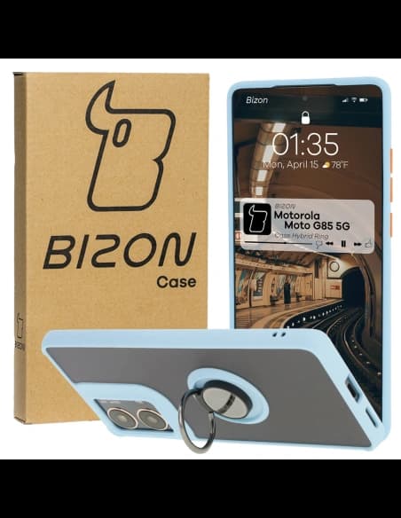 Etui z uchwytem na palec Bizon Case Hybrid Ring do Motorola Moto G85 5G przydymione z jasnoniebieską ramką