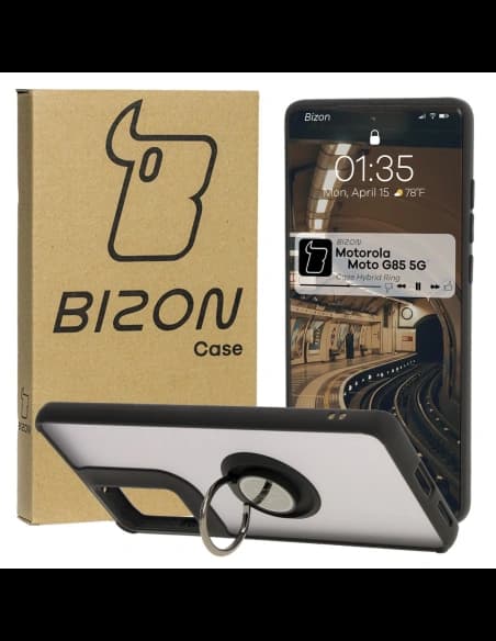 Etui z uchwytem na palec Bizon Case Hybrid Ring do Motorola Moto G85 5G przydymione z czarną ramką