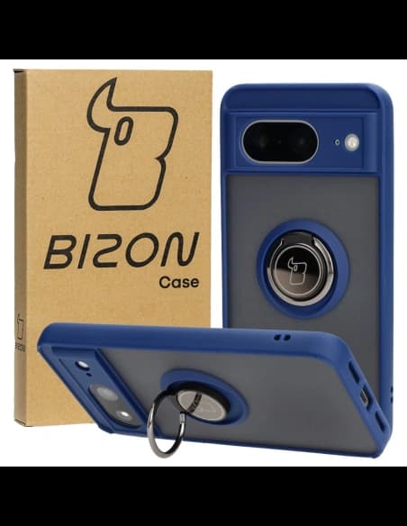 Etui z uchwytem na palec Bizon Case Hybrid Ring do Google Pixel 8 przydymione z granatową ramką