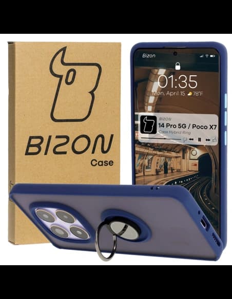 Bizon Case Hybrid Ring Xiaomi Redmi Note 14 Pro 5G / Poco X7 rauchig mit einem dunkelblauen Rahmen