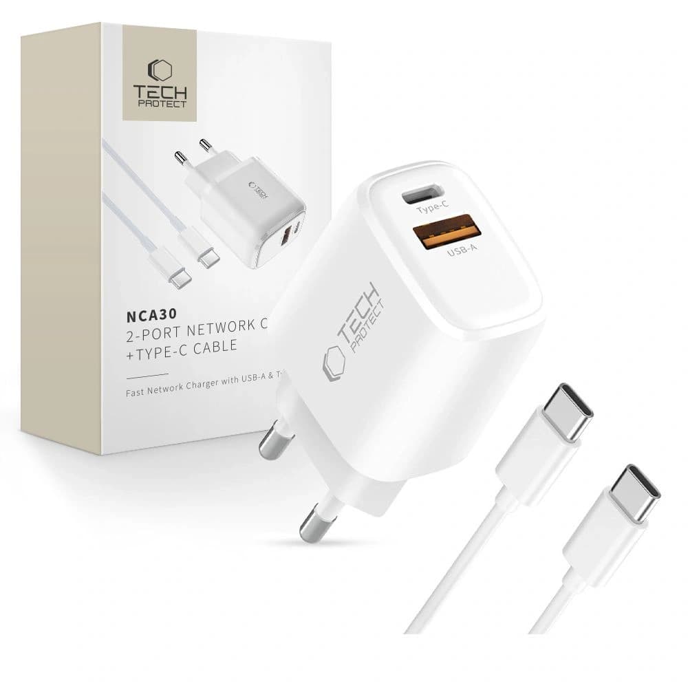 Tech-Protect NCA30 USB-A, USB-C Network Charger PD 30W / QC3.0 + USB-C Cable White - 1